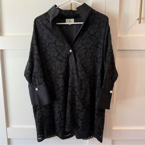 Tuckernuck Black lace willow blouse button up top pearl buttons medium #glam